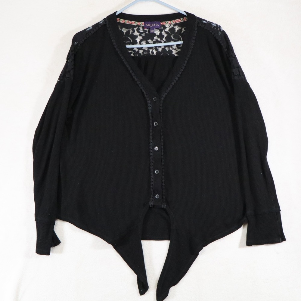 Artesia Women's Large Black Lace Trim V-neck Cardigan Tie Front Long Sleeve